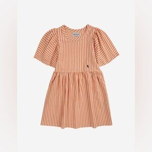 Bobo Choses, Girl’s Orange Vertical Stripes Ruffle Sleeves Dress